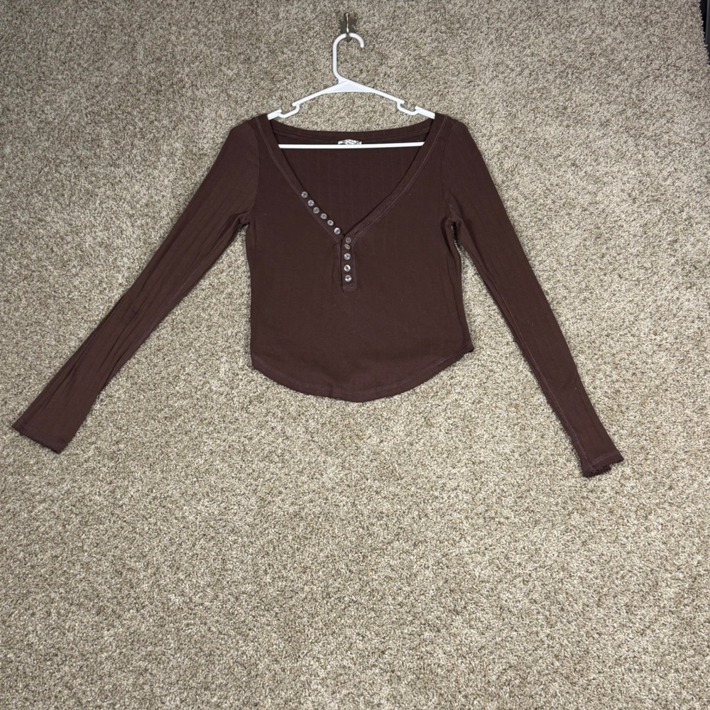 Free People Brown Ribbed Henley Top XS/S Y2K Boho Ballet Core Fitted